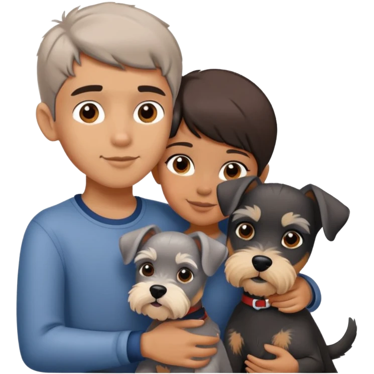 a boy and a shorthair girl hugs a Schnauzer emoji