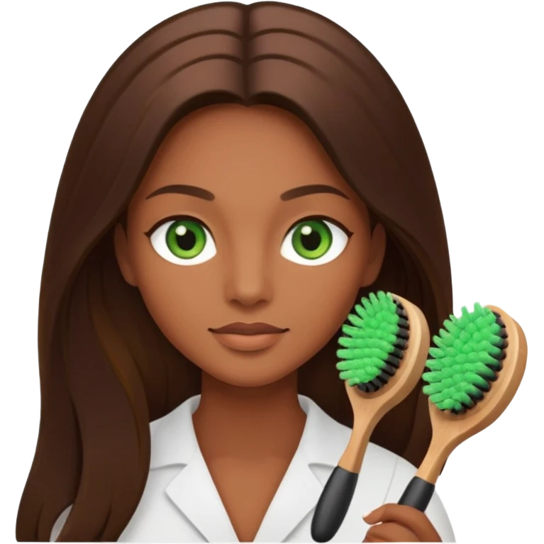 Aesthetician with brown, long hair, green eyes holding a facial brush emoji