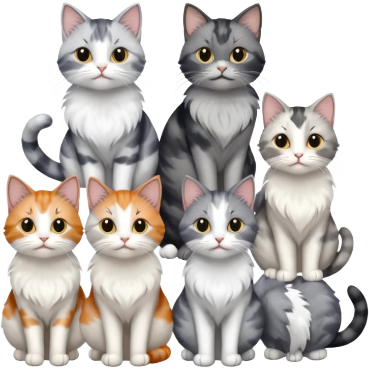 6 realistic looking cats with different natural coloured coats, assorted grey and white, greys, calico colours etc
 emoji