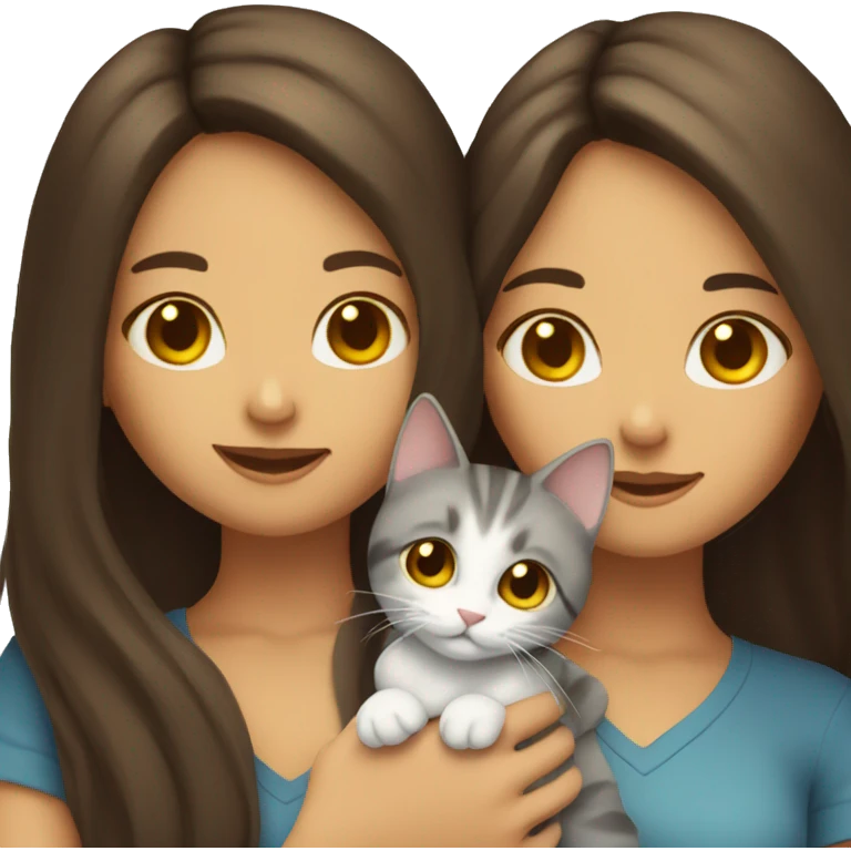 Two long hair brunette girls and two cats in their hands emoji