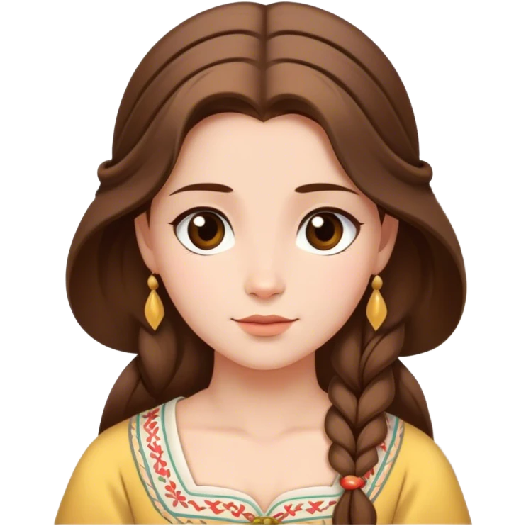 Cinematic Serene Belle Portrait Emoji, rendered in a simplified vector style. Depict a gentle Belle (chest and above) with fair, glowing skin, softly cascading brown hair, and a calm, inviting expression, dressed in her traditional village dress. The image exudes a soft, luminous glow and is outlined with a subtle, warm light. emoji