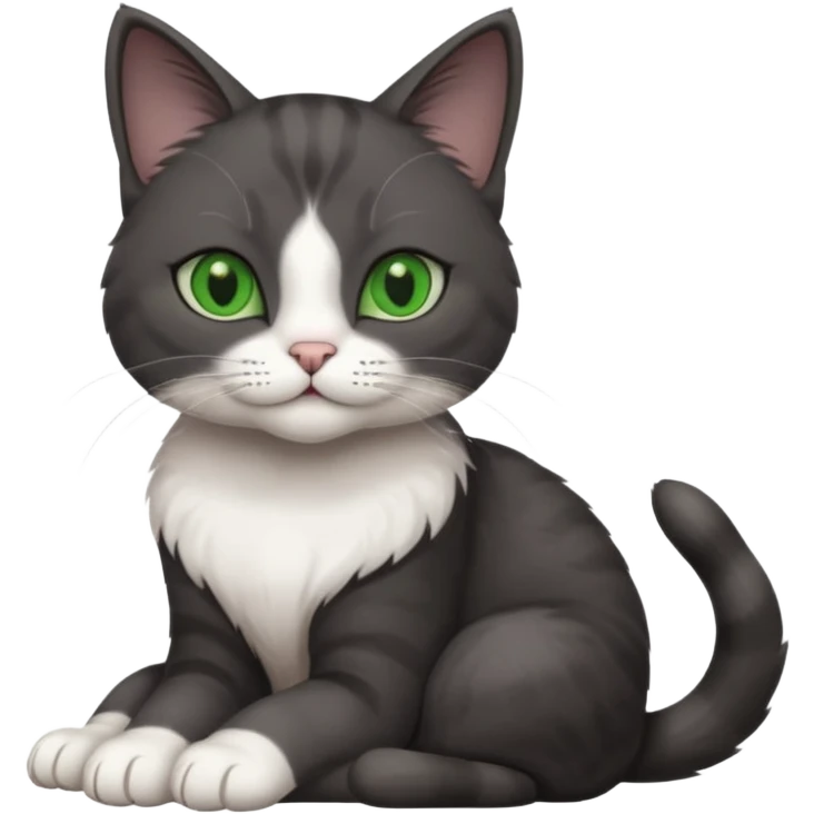 full body view of beautiful female solid dark grey cat with green eyes, white toes/paws and white patch on her chest emoji