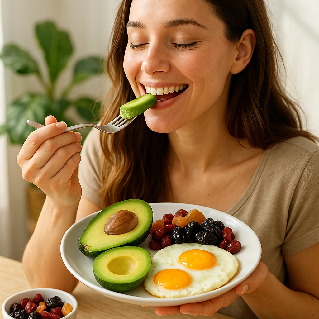 donna che usa come cibo avocado uova e frutta secca emoji