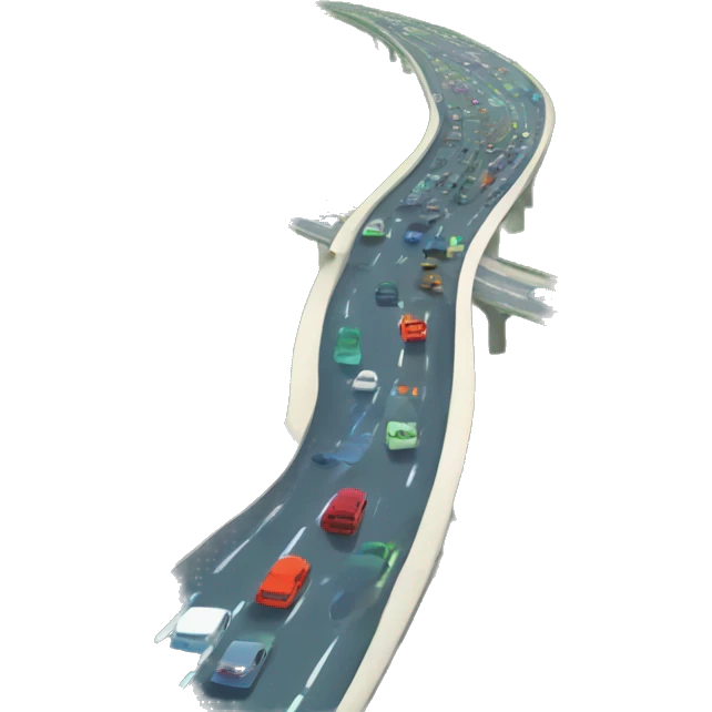A busy highway with fast-moving cars, surrounded by green fields and distant mountains under a bright blue sky emoji