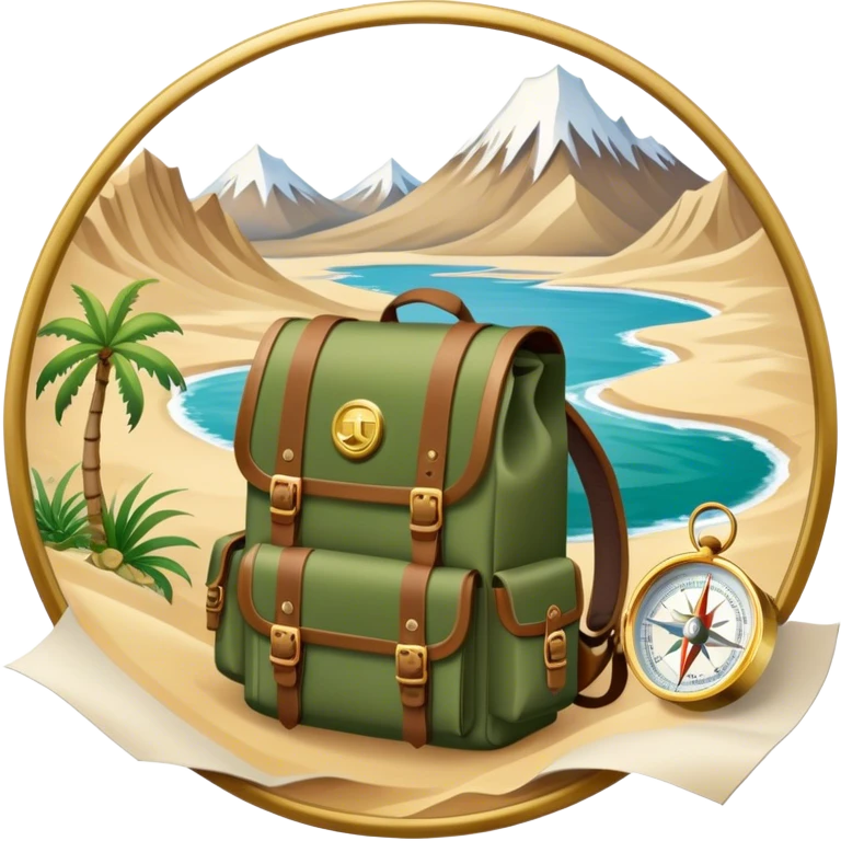 Icon for Expeditions: a compass, a map, a backpack and a rugged expedition jeep, set against a backdrop of snowy mountains, sand dunes and tropical islands. The icon should capture the spirit of adventure and exploration in diverse landscapes. Transparent background. emoji