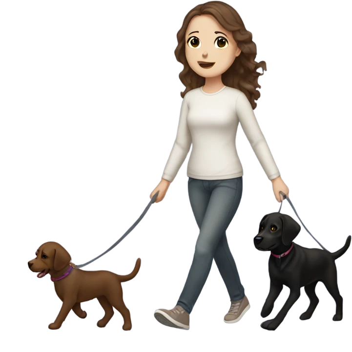 White girl with wavy brown hair walking a black Labrador emoji