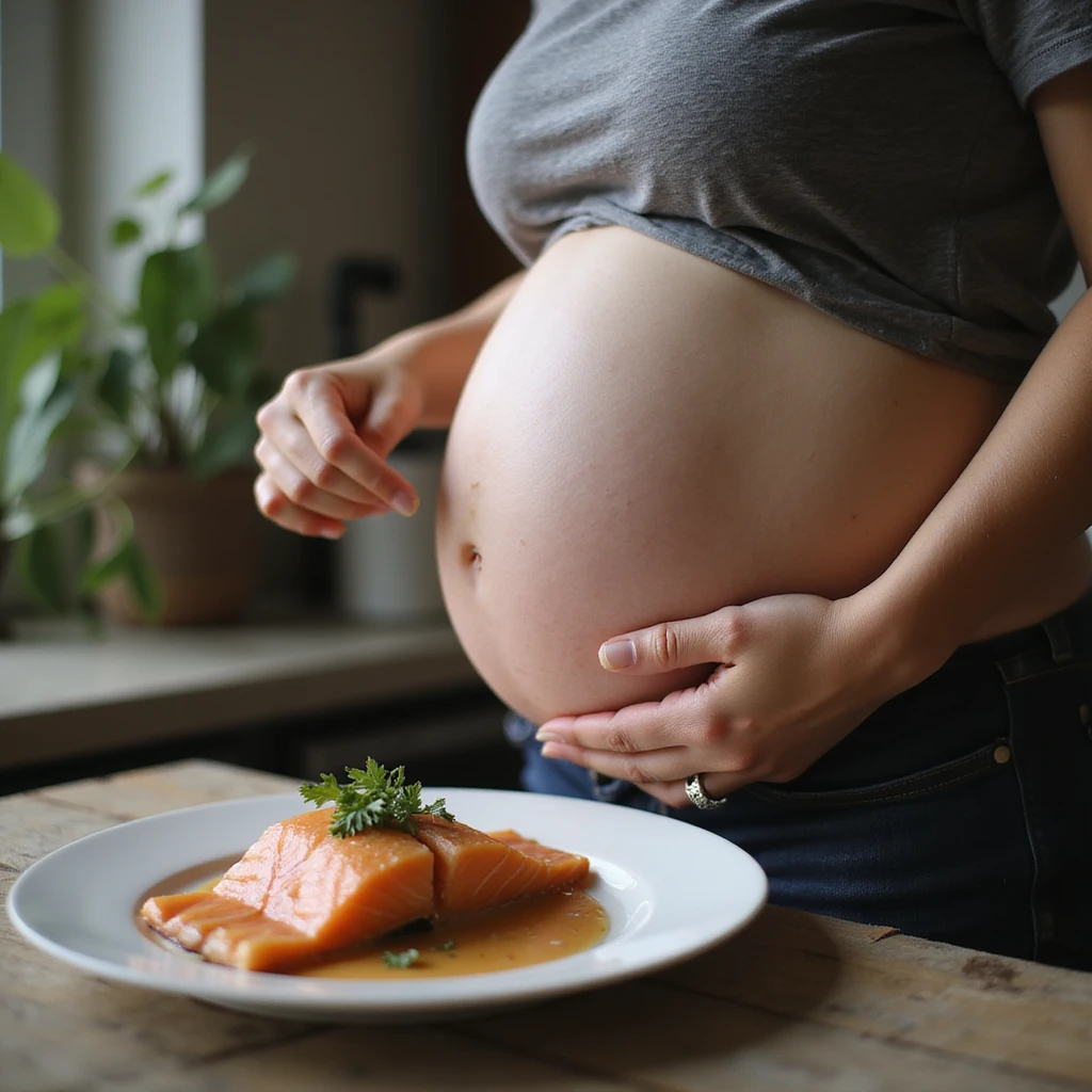 realistic pregnant woman in 4K explaining to her partner why she avoids raw salmon, pointing to her belly with one hand and the plate of salmon with the other emoji