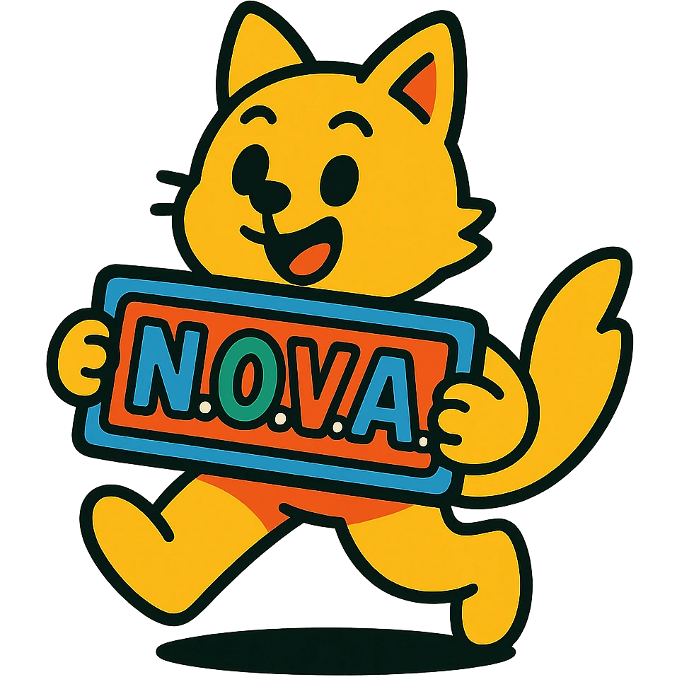 cute little yellow-skinned animal holding the text 'N.O.V.A.' in a playful pose, vibrant style emoji