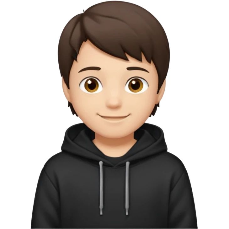 A brunette boy, short straight hair, light brown eyes, with a black sweatshirt with a hoodie, and smile  emoji