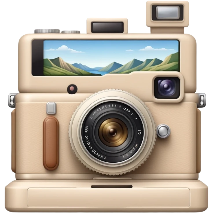 A beige camera and next to it a landscape photograph of the frame behind the camera emoji