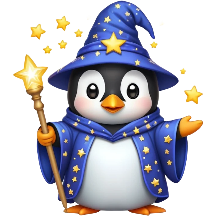 cute penguin wizard with a starry robe and a glowing wand, emoji style emoji