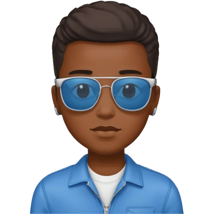 Un garçon noir avec des lunettes de soleil un peu bleu avec un cadran plutôt carré et SANS QU’ON VOIT SES YEUX. Et au dessus de sa tête il y a écrit BOUSS emoji