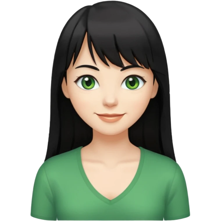 A white woman with Long straight hair with bangs, black hair, green eyes and a low-cut shirt emoji