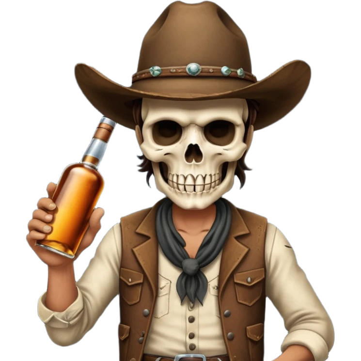 A rough and tumble cowboy with a 6 shooter and a bottle of whiskey. From the view of a bird looking down on the cowboy. Make the graphics dark and gritty in the style of your beeding skull art. emoji