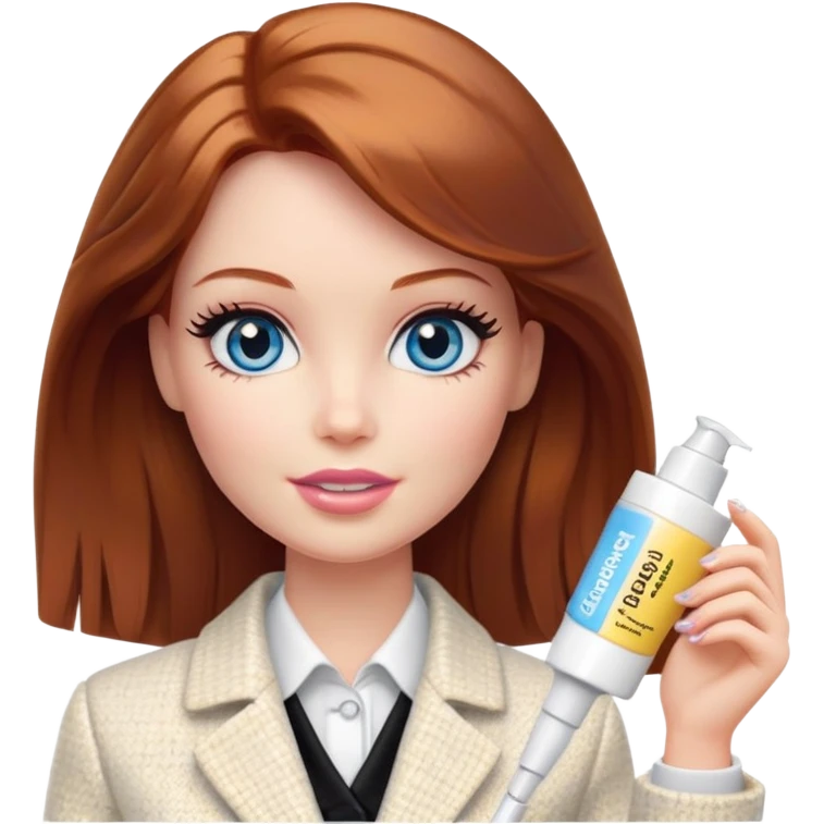 A Barbie girl with blue eyes, shoulder-length reddish-brown hair, made-up, in a white tweed jacket and black skirt, holding a tube of pale yellow face cream emoji
