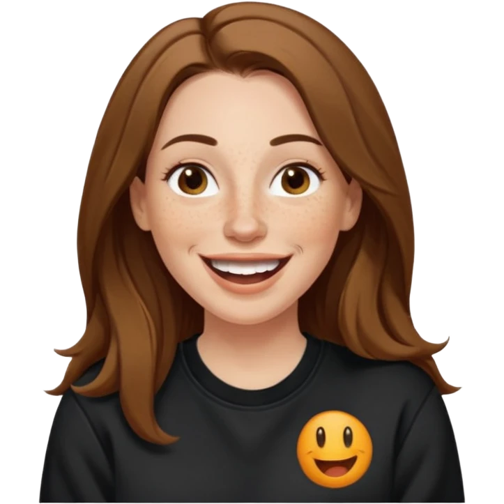 A 38 year old white woman with long brunette hair parted in the middle. She has her nose pierced. Her nose is medium sized. She has brown eyes. She has freckles and is wearing a black sweatshirt and is laughing  emoji
