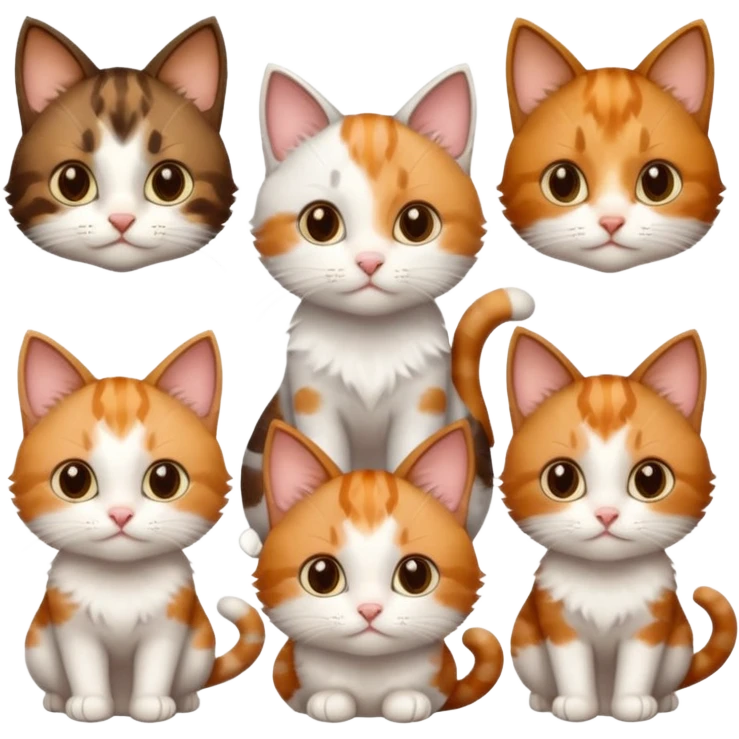 3 small cats different colours including brown tabby and white, patchy calico, and ginger and white emoji