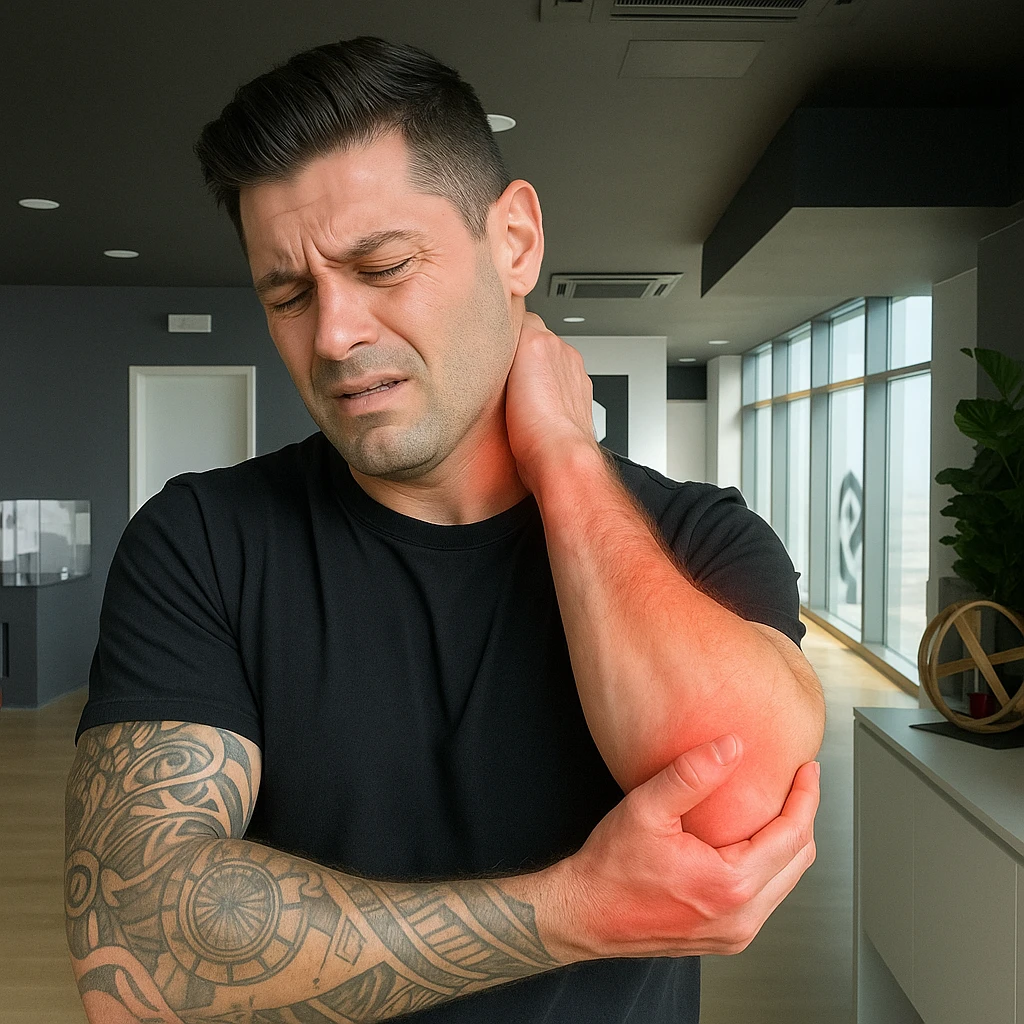 Create a realistic man inspired by the provided photo, with a suffering expression and visible signs of joint and cervical pain. Highlight the joints and cervical area with slight redness or inflammation marks. The style should be realistic with a clear and informative atmosphere. emoji