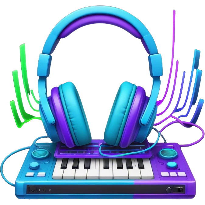 Create a creative and technical emoji that represents sound design. The design should feature a soundwave, a pair of studio headphones, and an audio synthesizer or soundboard to symbolize the manipulation and creation of unique soundscapes. Add subtle elements like audio cables, a mixing console, or a waveform to reflect the technical aspect of sound design. Use vibrant, futuristic colors like neon blue, purple, and green to represent innovation and creativity in sound. The background should be transparent. emoji