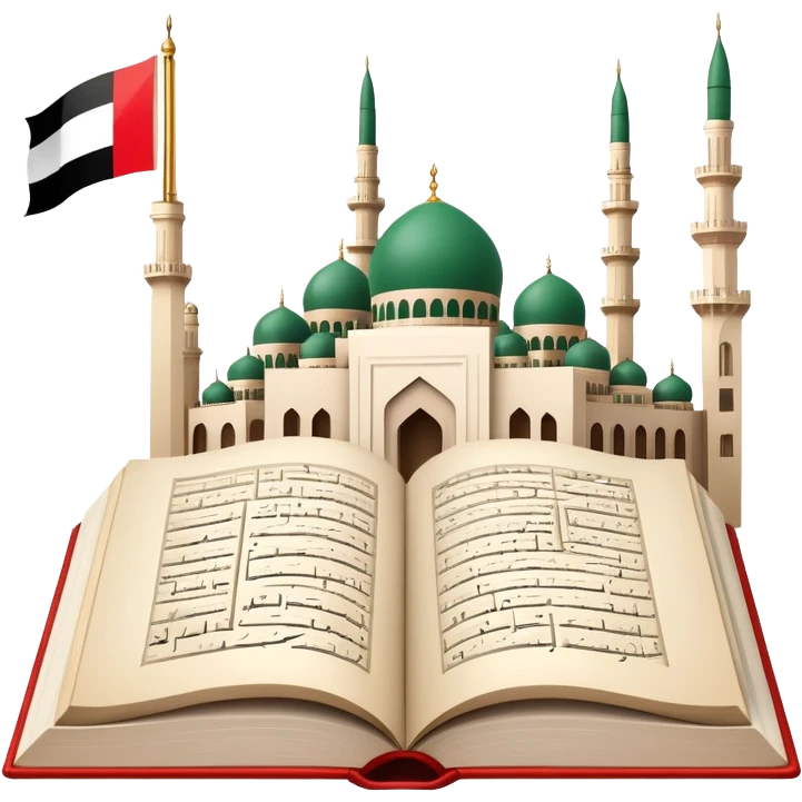 An icon featuring the mosque and the flag of United Arab Emirates, symbolizing the Arabic language. The design includes an open book with Arabic script and calligraphy, representing language learning and cultural heritage. Transparent background emoji