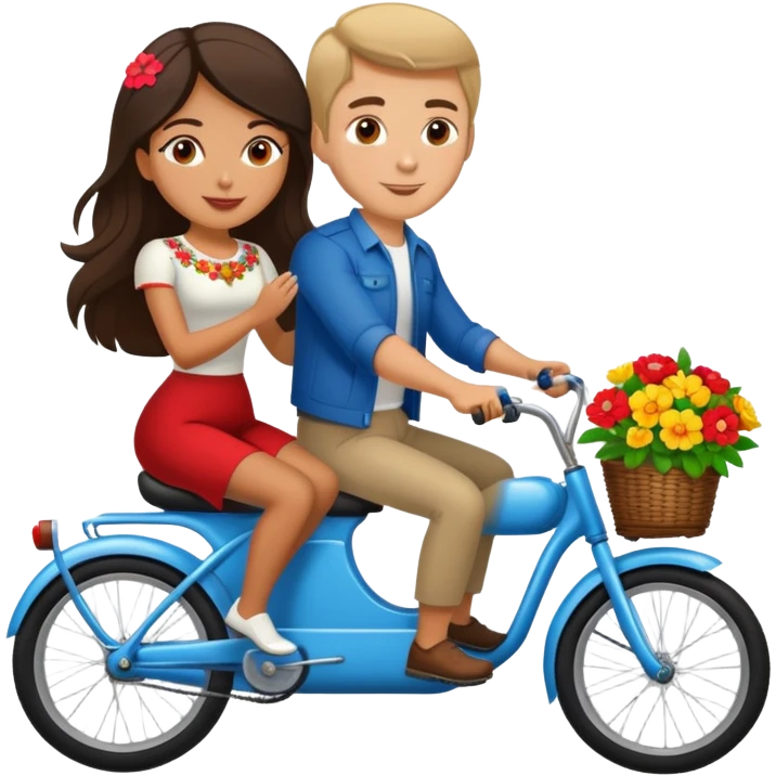 Latina girl with russian man riding a two seater bike with flowers  emoji