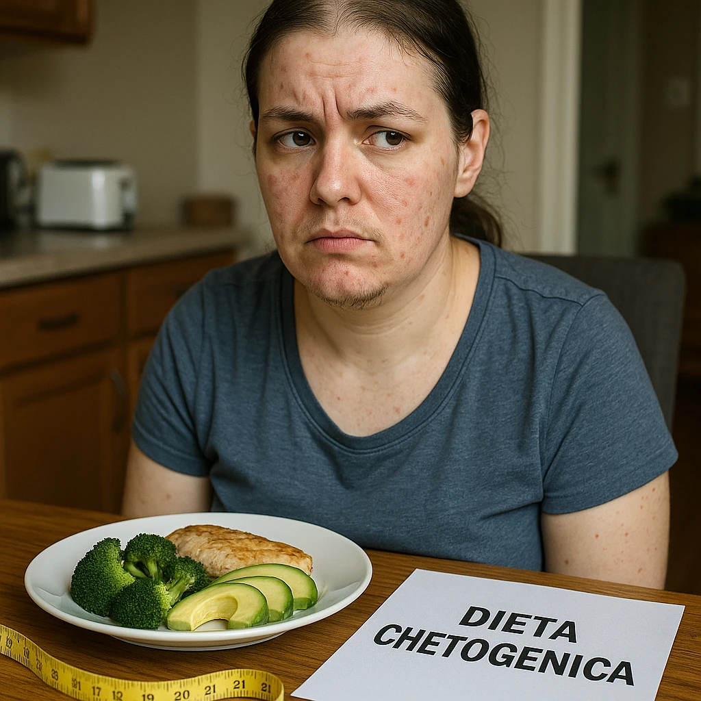 hyperrealistic 4K image of a woman with PCOS, face with acne and chin hair, thin hair, ketogenic plate in front, tailor's measuring tape and sheet with 'DIETA CHETOGENICA' on the table, skeptical expression, realistic domestic environment. emoji