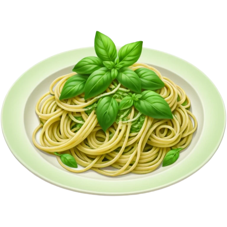 spaghetti with green pesto and basil leaves, inviting emoji