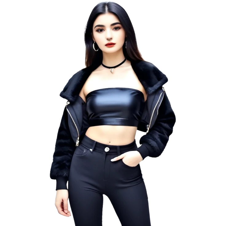 Siyah uzun saçlı siyah ceket  polar ceket ceket gevşek biraz omzundan çıkıyormuş gibi ve bugday ten rengi soltaraftaki omzundan çıkık sadece içinde de siyah crop var crop açık esmer esmer emoji