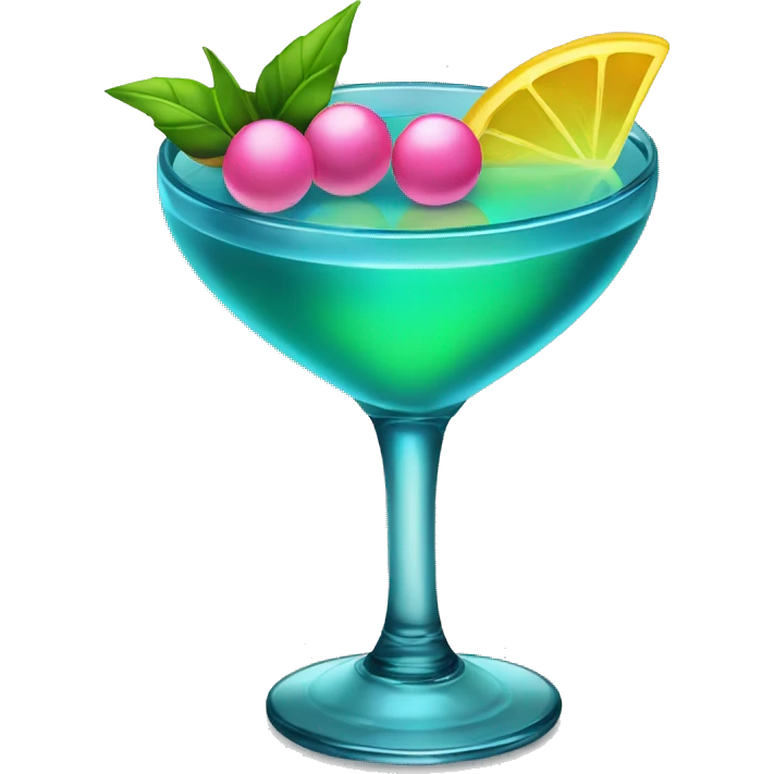 Bluish green cocktail with pink and yellow emoji