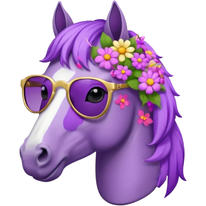 Purple horse wearing sunglasses and flowers on hair, bust up
 emoji