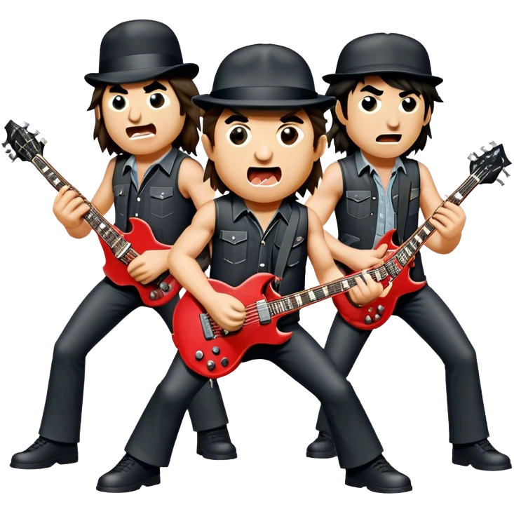 Cinematic Realistic AC/DC Band Emoji, depicted as a high-energy rock ensemble with electrifying stage presence and gritty textures, rendered with bold vibrant lighting that captures the raw power and rebellious spirit of their music. emoji