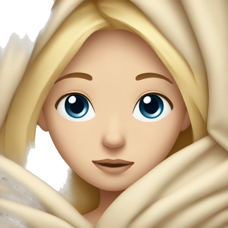 blonde girl blue eyes cuddled up in a beige blanket emoji