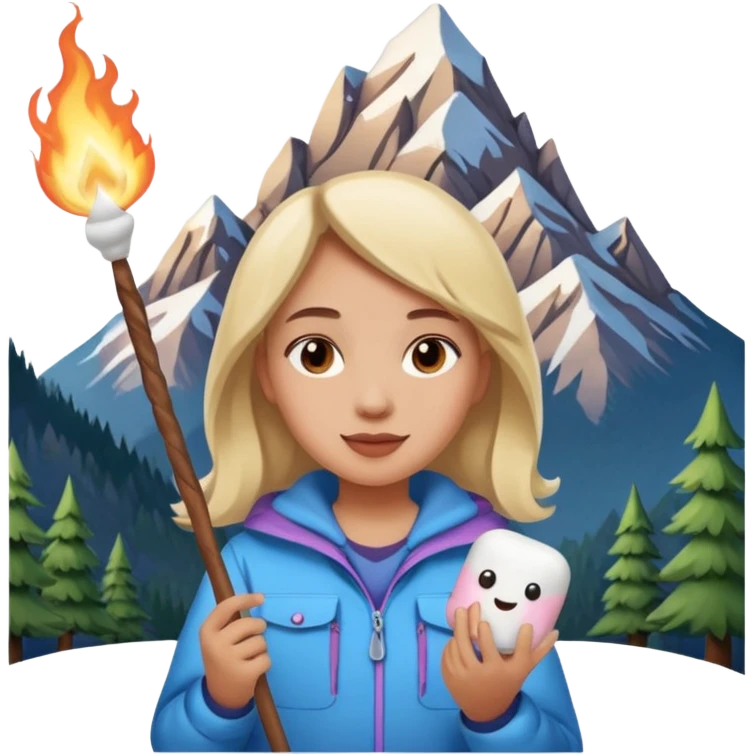 Girl + marshmallow stick, Mountain Campers. emoji