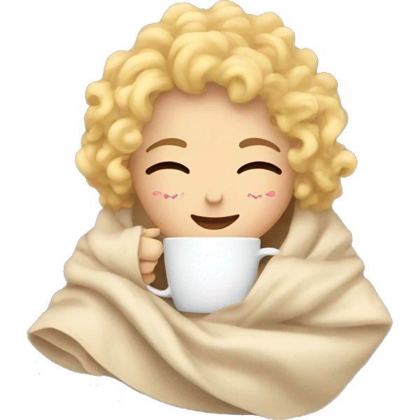 Blonde short hair curly girl inside a blanket sipping coffee eyes closed emoji