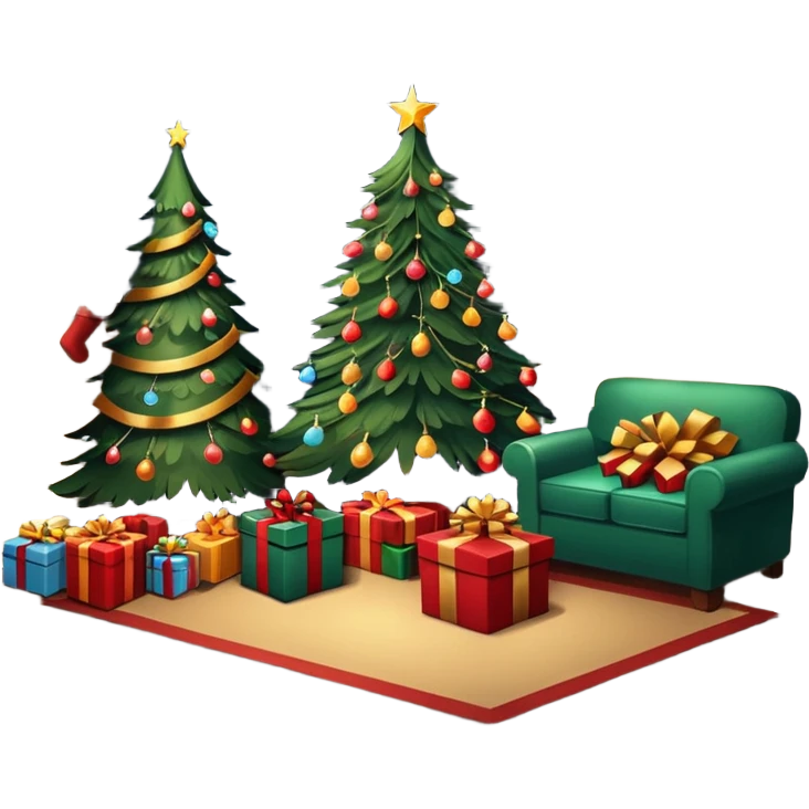 Flat illustration, dark livingroom scene, with christmas tree lit up and gifts under tree. Room is lit poorly but by the christmas tree lights, still life
 emoji