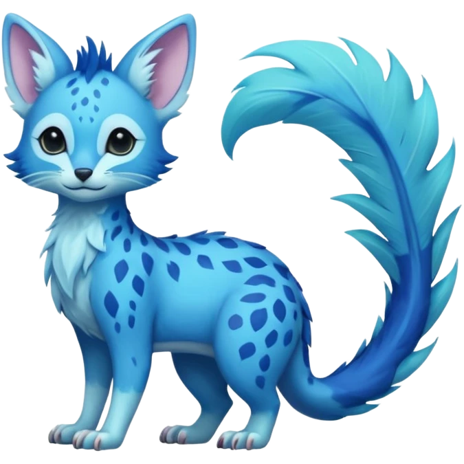 Feral Rare Fantasy exotic smooth soft vibrant pastel vibrant tropical cobalt-blue and cyan Vernid-Trico-species-creature by LiLaiRa, random markings, tufted tail, tufted ears, full body emoji