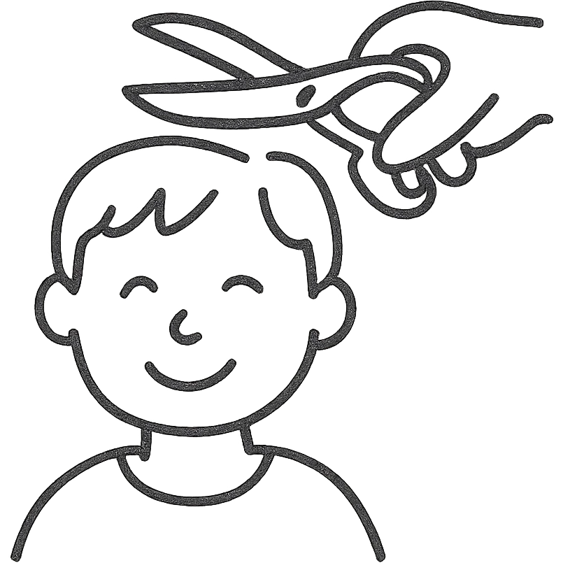 hand-drawn outlined logo of a person receiving a haircut, playful and approachable emoji