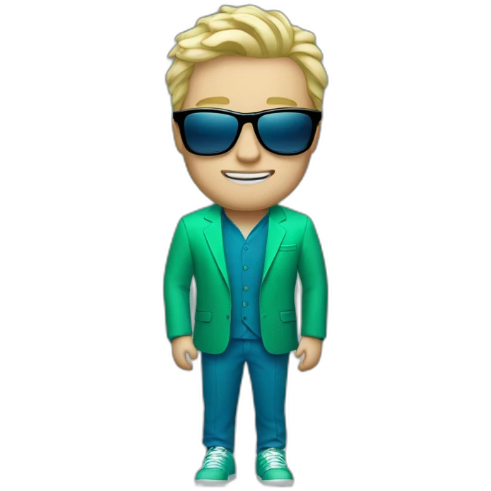 white guy in gradient green blue suit with blonde hair and black sunglasses standing with adidas shoes emoji
