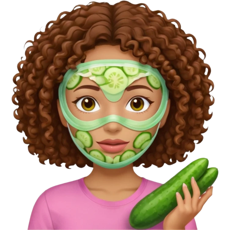lightskin girl with green skincare facemask and cucumbers and brown curly hair and a pink shirt  emoji
