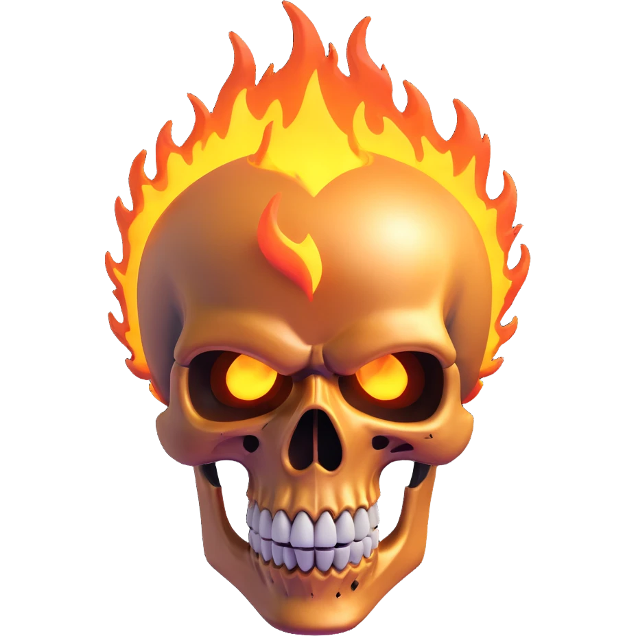 close-up of Ghost Rider's flaming skull with intense expression, 3D style emoji