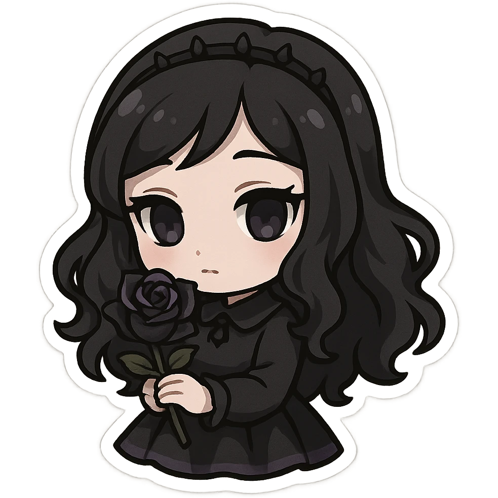 gothic chibi sticker, black and purple rose, sweet and mysterious, chibi style emoji