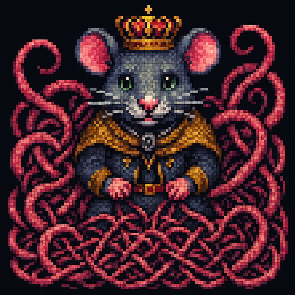 Enhance the image to show more tangled tails among the rats in a pixel art style. Emphasize the pixel art aesthetic with clear, blocky pixels and vibrant colors typical of pixel art. Increase the complexity and visibility of the tails to appear more intertwined and tangled, while maintaining the pixel art style. emoji