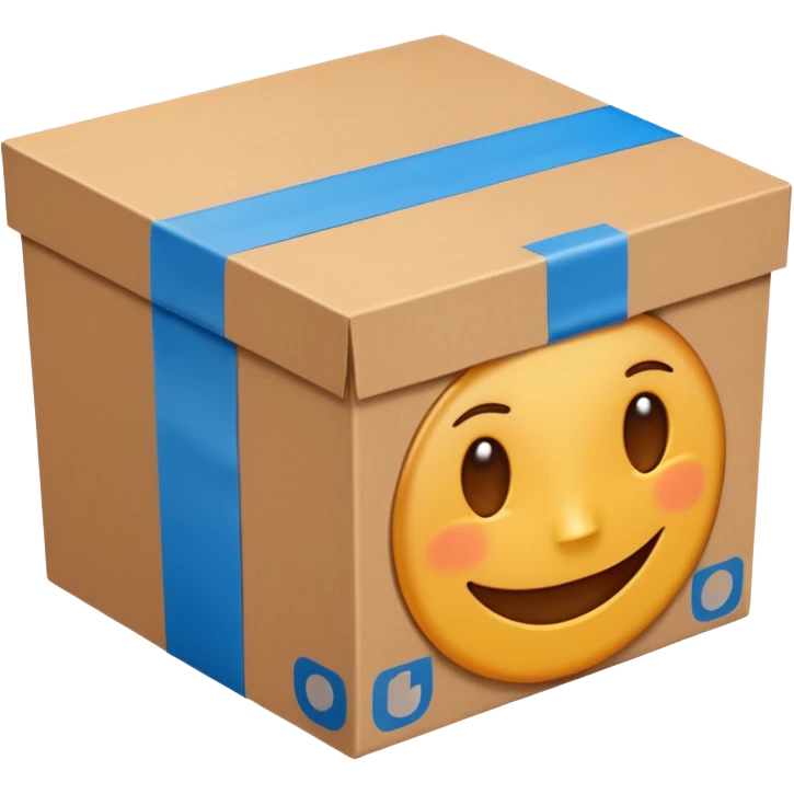 brown cardboard box with two wide blue tape strips in H shape on the lid, tape strips only on top and not over the sides, emoji style, slightly from above angle emoji