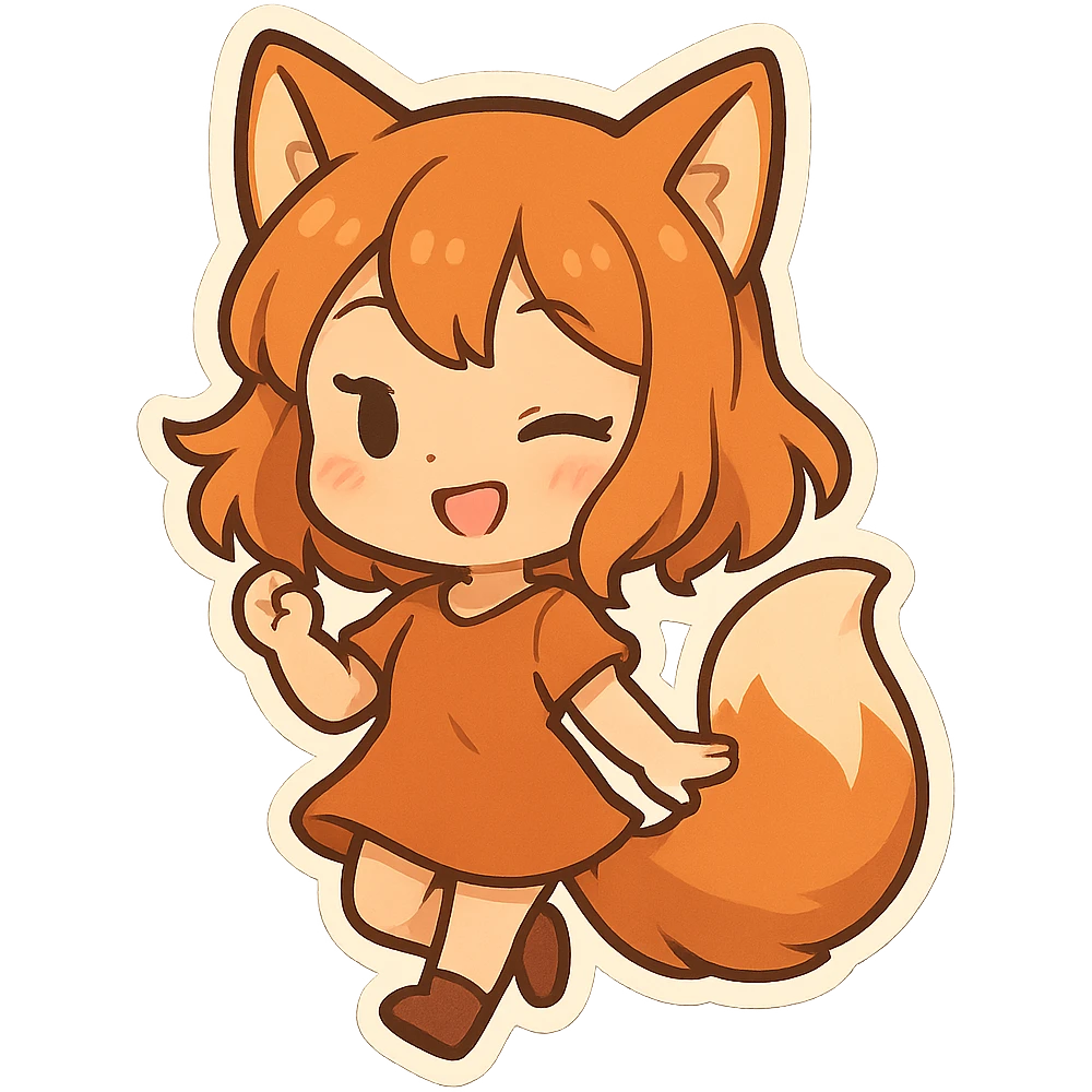 fox girl with orange hair and fluffy tail, playful expression, chibi stickers style emoji