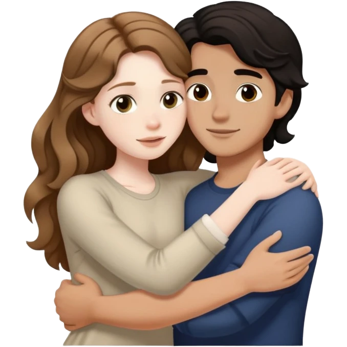 girl with long light brown hair and pale skin hugging a boy with short black wavy hair and tanned skin emoji