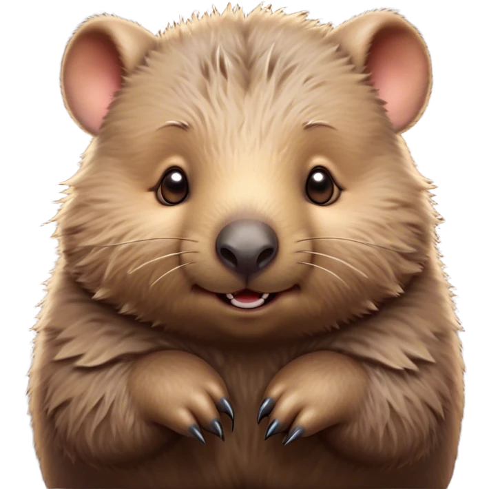 Cinematic Cute Wombat Portrait Emoji, Head tilted playfully and inquisitively, featuring a fluffy, shaggy brown fur with a round, endearing face and twinkling eyes full of gentle curiosity, Simplified yet irresistibly adorable features, highly detailed, glowing with a warm, friendly glow, high shine, affectionate and chubby, stylized with a touch of bushland whimsy, bright and endearing, soft glowing outline, capturing the essence of a mischievous yet loving wombat, so playful it feels like it could trundle out of the screen into your arms! emoji