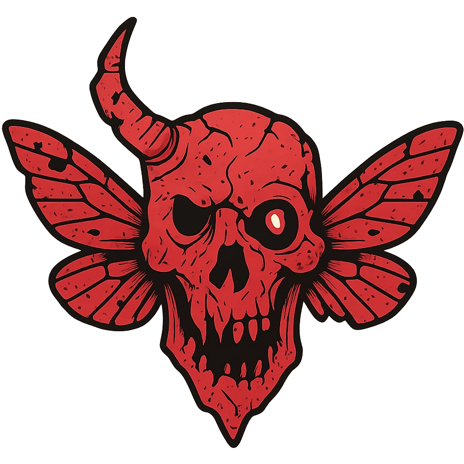 highly detailed yet weathered red horror icon of horrifically distorted minotaur-stoat skull fusion with jagged broken horn and malevolent glowing eye, tattered moth wings extending from skull, heavily damaged with deliberate weathering, missing sections, and eroded areas, complex bone textures, asymmetrical distorted features, hollow transparent areas amid detailed elements, 100% red with varied line weights emoji