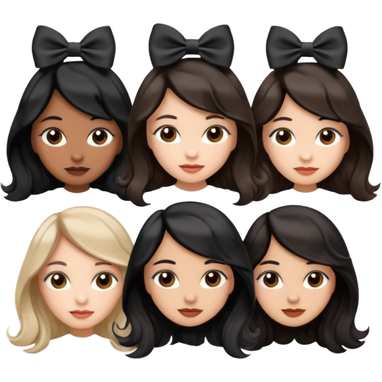 three girls with brown eyes, white and brown skin tones, first girl with completely black straight hair and a bow on her head, middle girl with black wavy hair and a bow, last girl with black voluminous loose waves and a bow, emoji style emoji