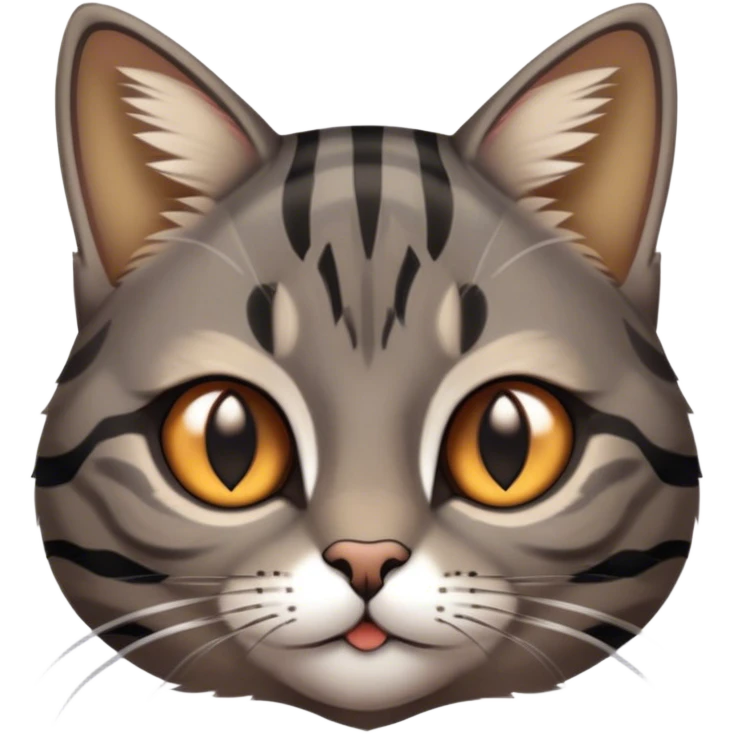 Cinematic Cute Grey and Black Brown Tabby Cat Portrait Emoji, Head tilted playfully and inquisitively, sleek grey-brown fur with bold black tabby stripes and a distinctive M-shaped marking on the forehead, sparkling amber eyes, Simplified yet irresistibly adorable features, highly detailed, glowing with a warm, friendly glow, high shine, affectionate and curious, stylized with a touch of whimsy, bright and endearing, soft glowing outline, capturing the essence of a mischievous yet loving kitten, so playful it feels like it could pounce out of the screen and into your arms! emoji