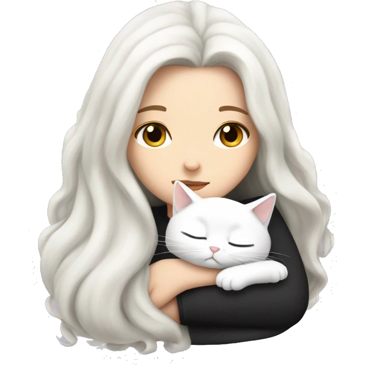 A pretty white girl with very long black hair and sleeping curled up to a white cat  emoji